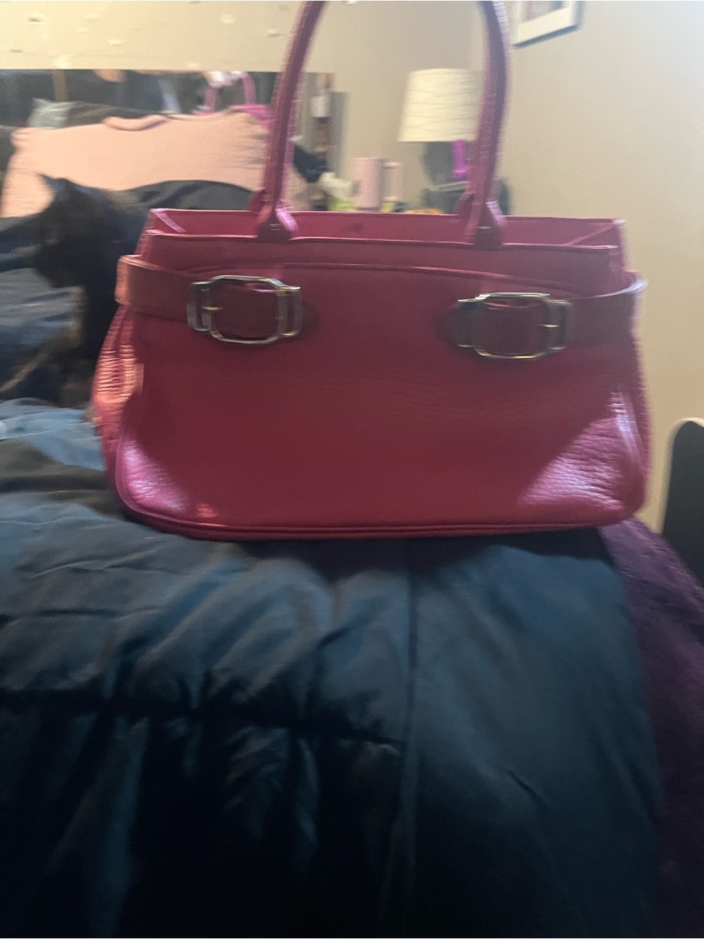 Cole Haan Fuchsia Leather Shoulder Tote with Buckle Accents